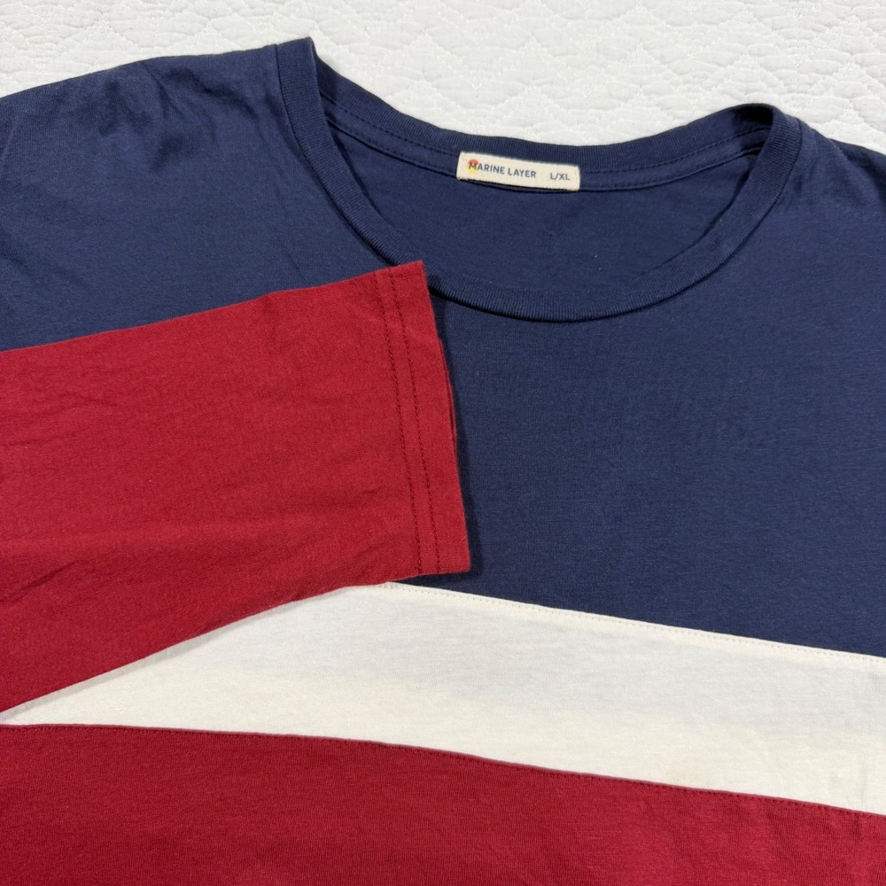 Marine Layer Mens Long Sleeve Tee L/XL Colorblock Navy White Burgundy EUC